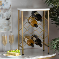 Baxton Studio WS-12223-Wine Rack Ramona Modern and Contemporary Gold Finished Metal Wine Rack With Faux Marble Tabletop